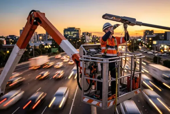 Technician servicing street lighting above a highway