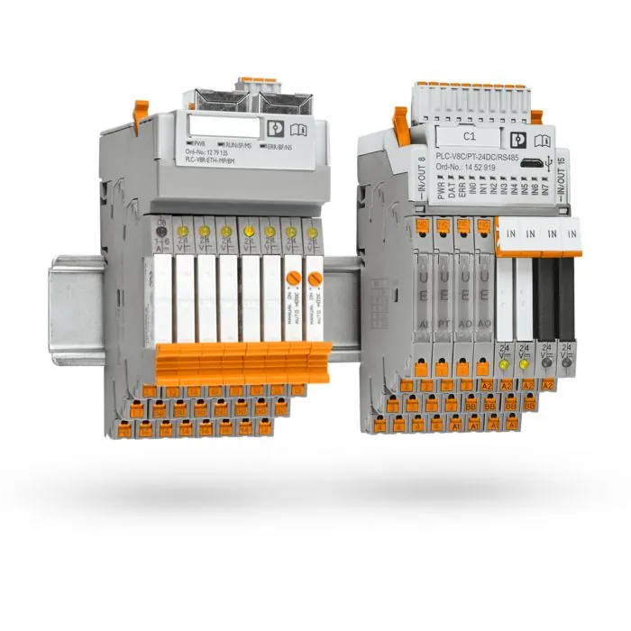Electromechanical and solid-state relay modules on a DIN rail